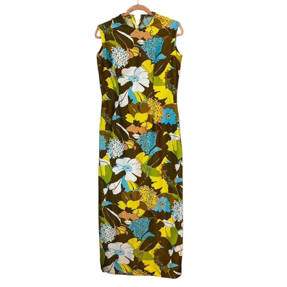 Vintage Mod Full Length Maxi Dress Sleeveless Handmade Back Slit Back Zip Fitted